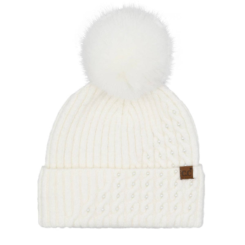 The Pearl Embellished Cable Knit Beanie