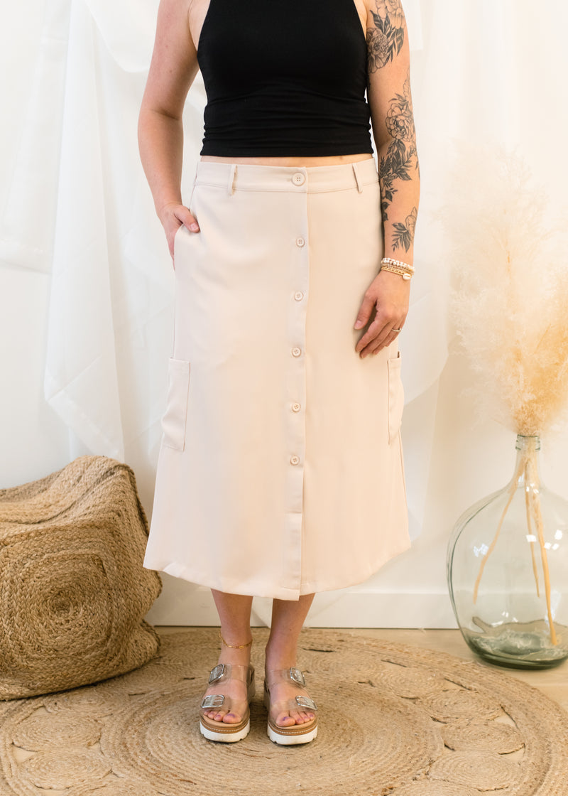 The Sally Button Front Midi Skirt